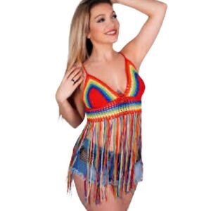 Retro Rainbow Crochet Bra Halter Top Festival Boho‎ Colorful Hippy Handmade Plus